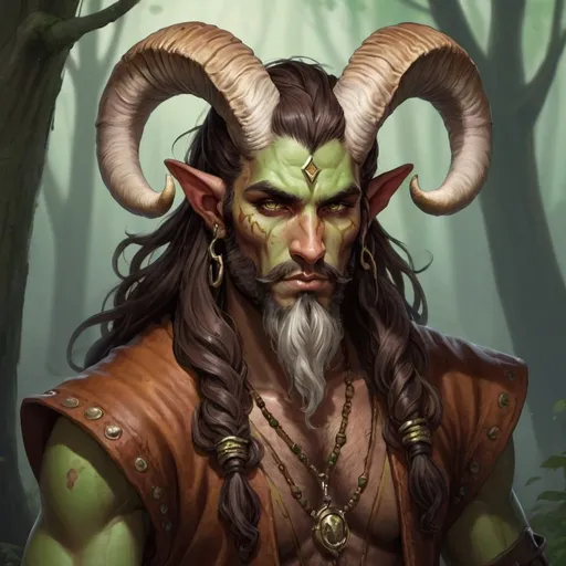 Prompt: early 20's Mushroom druid, tiefling, male, strong, mottled brown and green skin, ram's horns, long dark hair, trim beard style