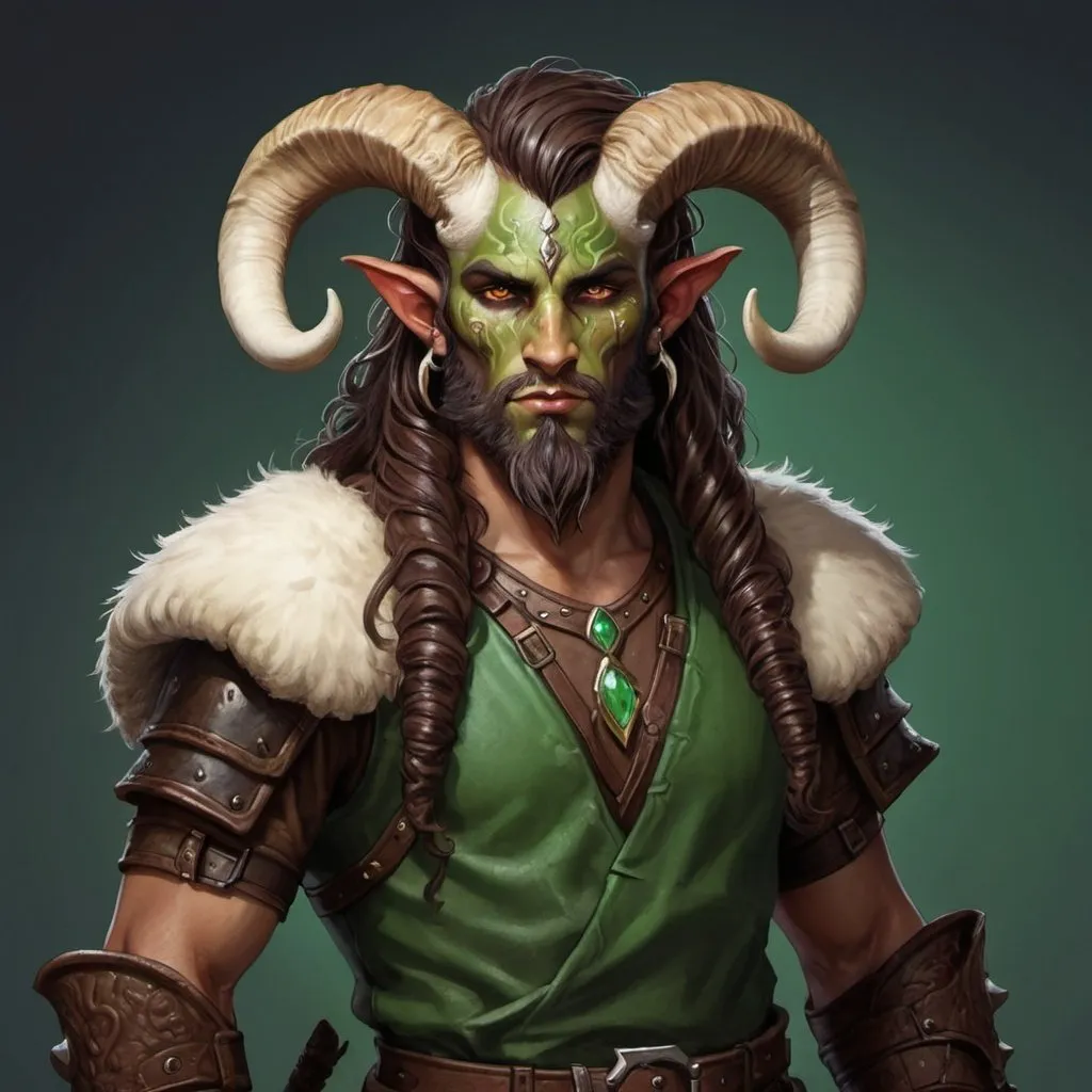 Prompt: early 20's Mushroom druid, tiefling, male, strong, mottled brown and green skin, ram's horns, long dark hair, trim beard style, leather armor