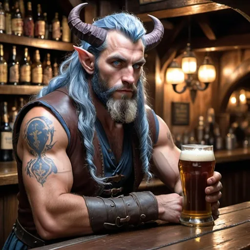 Prompt: a strong rugged 6 foot and 5 inches tall, 250 pound male tiefling druid with blue eyes, light blue skin, long wavy indigo hair and a full beard is scowling as he stands at the bar in a medieval pub with an ale in his hand. He is wearing only a leather vest with his bulging biceps exposed.