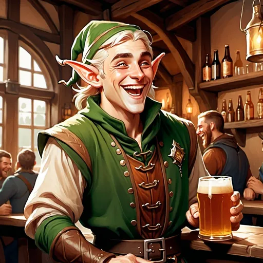 Prompt: full body muscular young handsome male elf wizard laughing character holding a pint of ale in a tavern , fantasy character art, illustration, dnd, warm tone