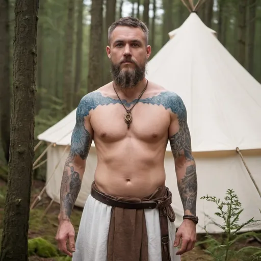 Prompt: a male massage therapist with woad and bronze age tattoos on his skin is dressed in bronze age druid garb standing in the forest in front of his white canvas tent