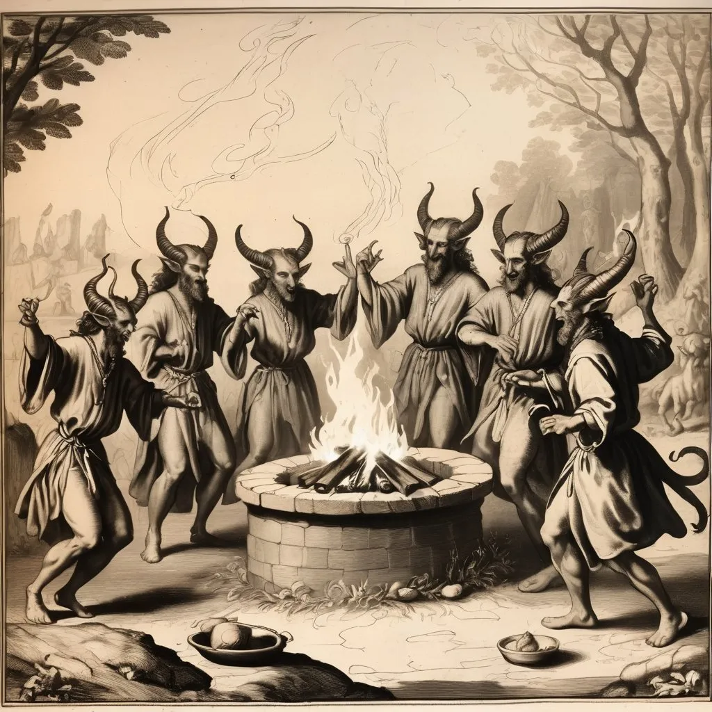 Prompt: Detailed 17th century etch of tiefling druids dancing around a fire, hatched