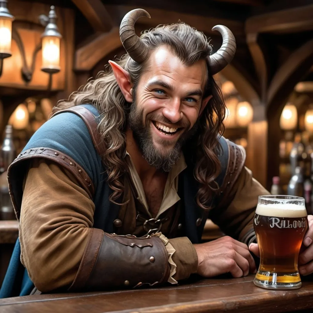 Prompt: a strong rugged 6 foot and 5 inches tall, 250 pound male tiefling rogue with blue eyes, mottled tan skin, and long wavy dark hair and a full beard is laughing as he sits at the bar in a medieval pub with an ale in his hand