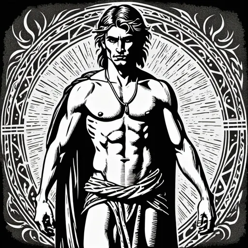 Prompt: woodcut style image, full body, rugged young male pagan, loin cloth, only black and white