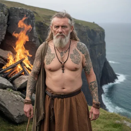 Prompt: a middle aged male druid with woad and bronze age tattoos on his skin is dressed in bronze age irish druid garb standing near a fire near a cliff overlooking the ocean
