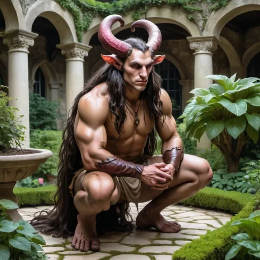 Prompt: a strong rugged 6 foot and 5 inches tall, 250 pound male tiefling mushroom druid with mottled tan skin, cloven hooves, and long wavy dark hair wearing only a loincloth is kneeling in a lush garden within an open courtyard of a manor