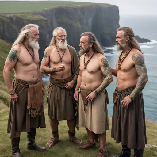 Prompt: a gathering of middle aged male druids with woad coloring their arms and chests and bronze age tattoos covering their torsos are dressed in bronze age irish druid garb standing near a fire near a cliff overlooking the ocean
