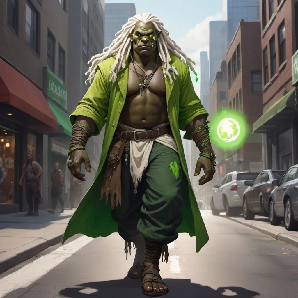 Prompt: full body d&d illustration of a dark skinned male orc druid with bright green eyes, shining white dreadlocks and mustache floating above the street in a modern city. 