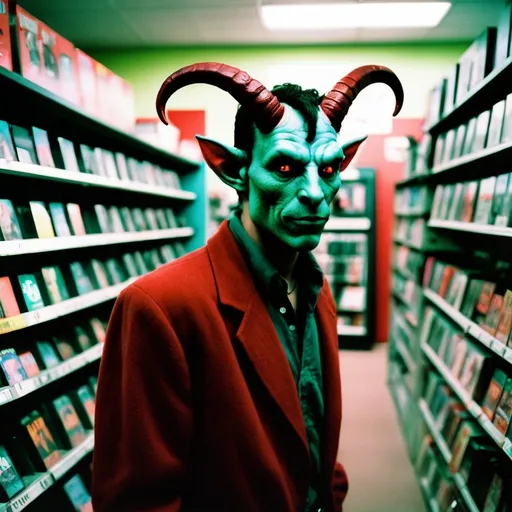 Prompt: Analog film photography still, portrait of a male tiefling in a VHS store, grainy fujifilm film, anaglyph effect