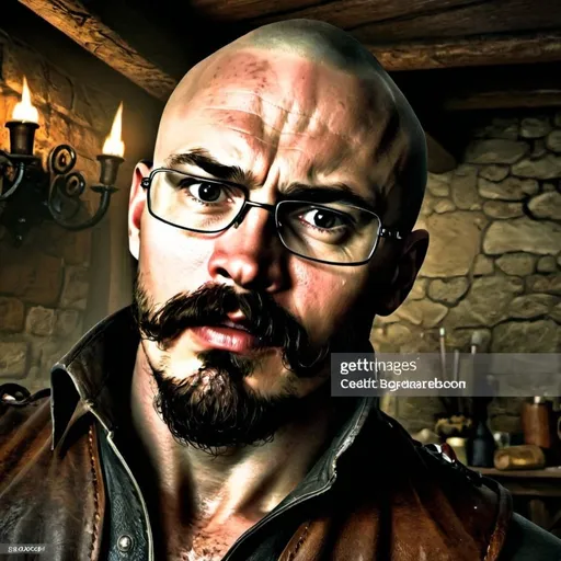 Prompt: fantasy novel cover style illustration of a strong male rogue dressed in leather standing in a medieval tavern 