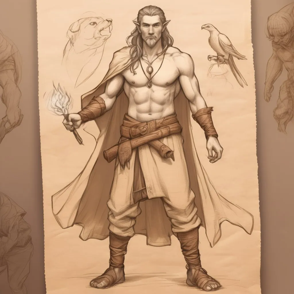 Prompt: full body sketch human male druid healer,cotton pants and shirt,on light brown paper.Dungeons and dragon art, pencil detail texture