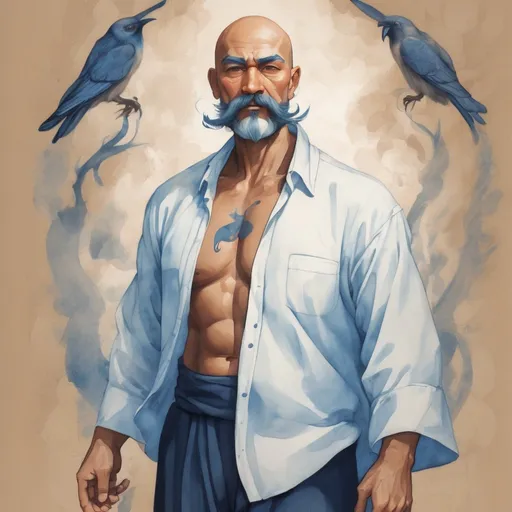 Prompt: full body illustration, middle aged human male druid, massage healer, dark blue mustache and goatee, shaved head,dark blue fitted pants, white cotton shirt,on light brown paper.fantasy art, gouache paint detail texture