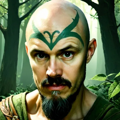 Prompt: Forest druid, elven, male, strong, bald, long beard style