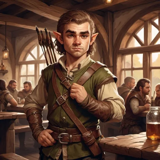 Prompt: rugged handsome male halfling ranger character holding a bow in a tavern , fantasy character art, illustration, dnd, warm tone