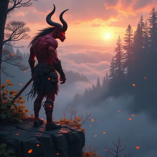 Prompt: Envision a rugged male tiefling druid standing on a craggy cliff, overlooking a vast, misty forest under a twilight sky. His striking red skin glistens with the fading light, casting a warm glow against the cool hues of the encroaching night. Majestic jagged horns curl upward, silhouetted against the soft pastel colors of the sunset, creating an imposing yet serene figure. His piercing eyes, filled with wisdom and depth, scan the horizon as leaves swirl gently around him, caught in the breath of a whispering, autumn breeze. He is clad in earthy tones, with accentuating furs and leather that blend seamlessly into the wild surroundings. The atmosphere is charged with the energy of nature, as fireflies begin to flicker to life around him. Cinematic lighting captures this moment, highlighting his fierce yet contemplative nature.