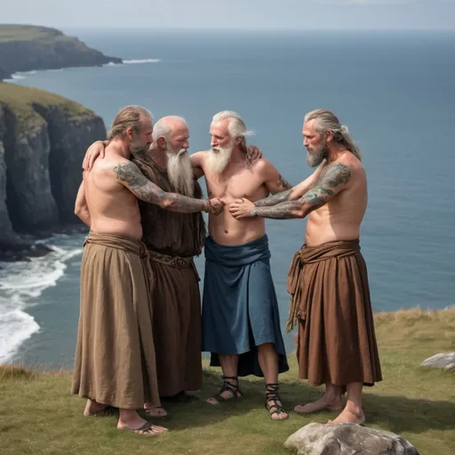 Prompt: a gathering of middle aged male druids with blue woad covering their arms and chests and bronze age tattoos covering their torsos are dressed in bronze age irish druid garb standing near a fire near a cliff overlooking the ocean. two of them are embracing while the others look on
