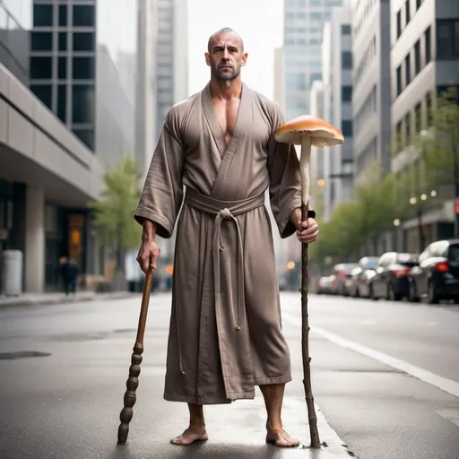 Prompt: full body strong rugged man with bulging muscles wearing zen robes and holding a wooden staff that has mushrooms growing out of it. He stands in the middle of the street in a modern city