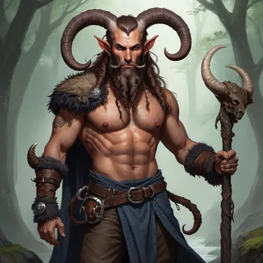 Prompt: fantasy, full body, rugged, tiefling, druid, scottish, majestic horns, strong, male long beard style