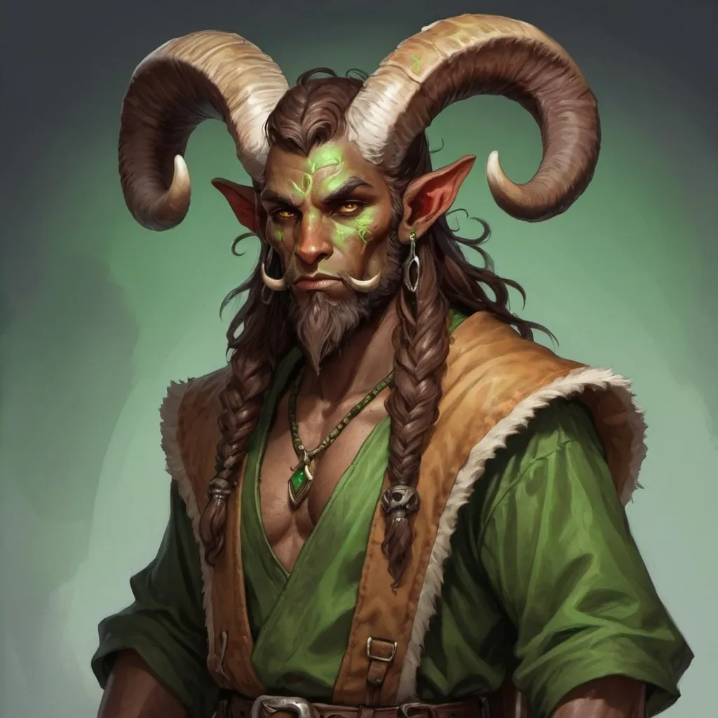 Prompt: early 20's Mushroom druid, tiefling, male, strong, mottled brown and green skin, ram's horns, long beard style