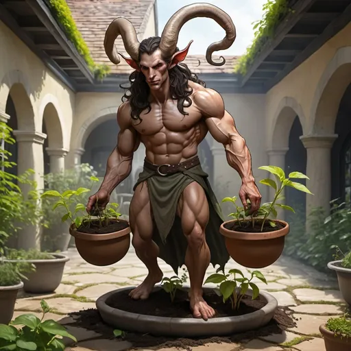 Prompt: a strong rugged 6 foot and 5 inches tall, 250 pound male tiefling mushroom druid with mottled tan skin, long wavy dark hair wearing only a loin cloth is planting a seedling in a garden that is in an open courtyard within a manor