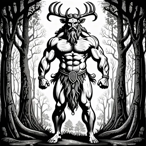Prompt: woodcut style image, full body, powerful cernunnos, loin cloth, black and white