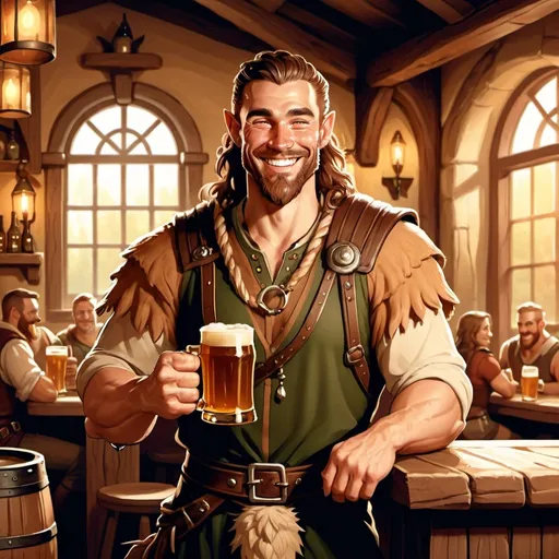 Prompt: full body muscular 30 year old handsome male human druid smiling character holding a pint of ale in a tavern , fantasy character art, illustration, dnd, warm tone