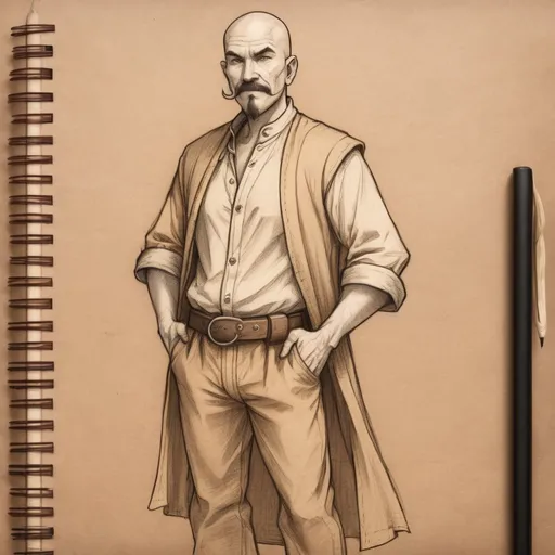 Prompt: full body sketch, middle aged human male druid, massage healer,mustache and goatee, shaved head,cotton pants and shirt,on light brown paper.Dungeons and dragons art, pencil detail texture