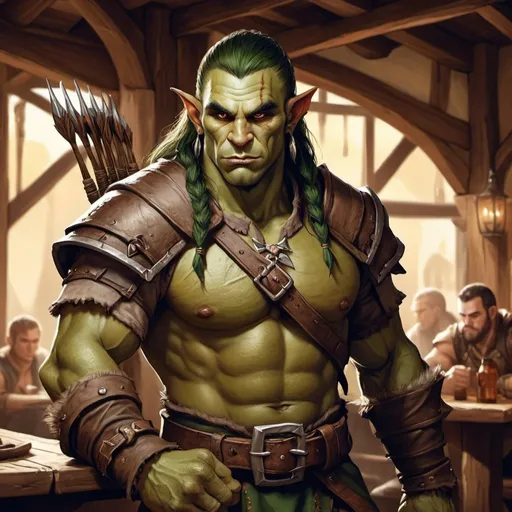 Prompt: rugged handsome male orc-elf ranger character holding a bow in a tavern , fantasy character art, illustration, dnd, warm tone