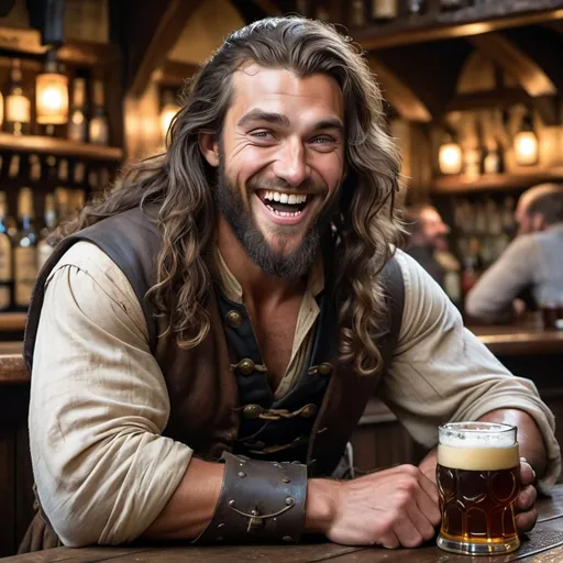 Prompt: a strong rugged 6 foot and 5 inches tall, 250 pound male human rogue with blue eyes, mottled tan skin, and long wavy dark hair and a full beard is laughing as he sits at the bar in a medieval pub with an ale in his hand