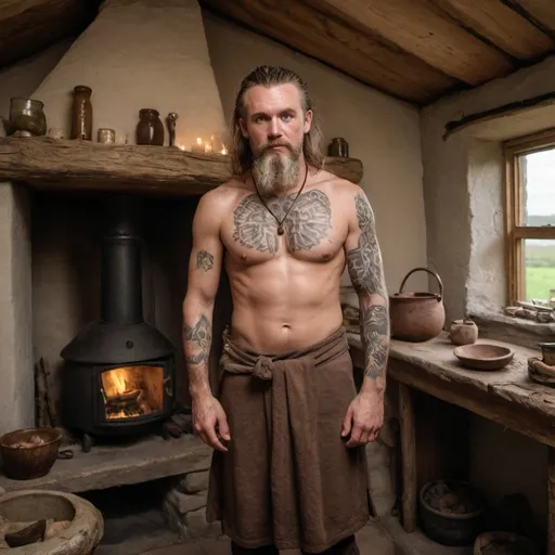 Prompt: a male massage therapist with woad and bronze age tattoos on his skin is dressed in bronze age irish druid garb standing near the hearth in his dwelling house