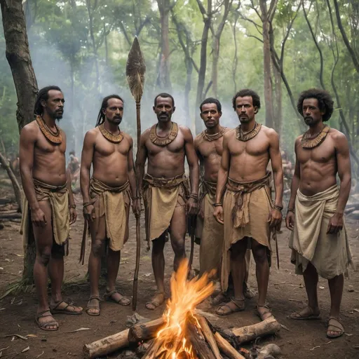 Prompt: a gathering of different aged male warriors are dressed in stone age ethiopian garb standing near a fire in a forest clearing.
