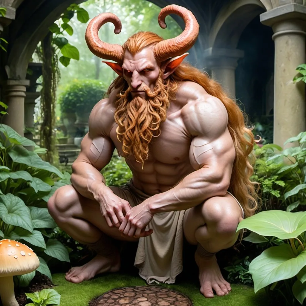 Prompt: a strong rugged 6 foot and 5 inches tall, 250 pound male tiefling mushroom druid with mottled tan skin, cloven hooves, and long wavy ginger hair and beard wearing only a loincloth is kneeling in a lush garden within an open courtyard of a manor. He is wreathed in a cloud of magical spores