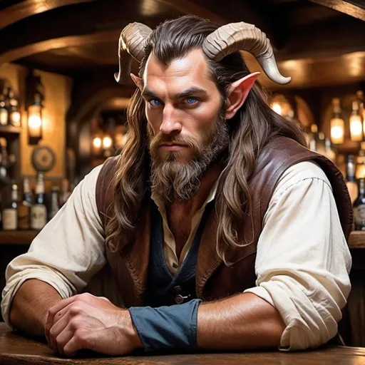 Prompt: a strong rugged 6 foot and 5 inches tall, 250 pound male tiefling druid with blue eyes, tan skin, and long wavy dark hair and a full beard is scowling as he sits at the bar in a medieval pub with an ale in his hand. He is wearing only a leather vest