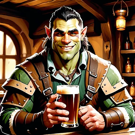 Prompt: rugged handsome male half orc ranger with tusks smiling character holding a pint of ale in a tavern , fantasy character art, illustration, dnd, warm tone