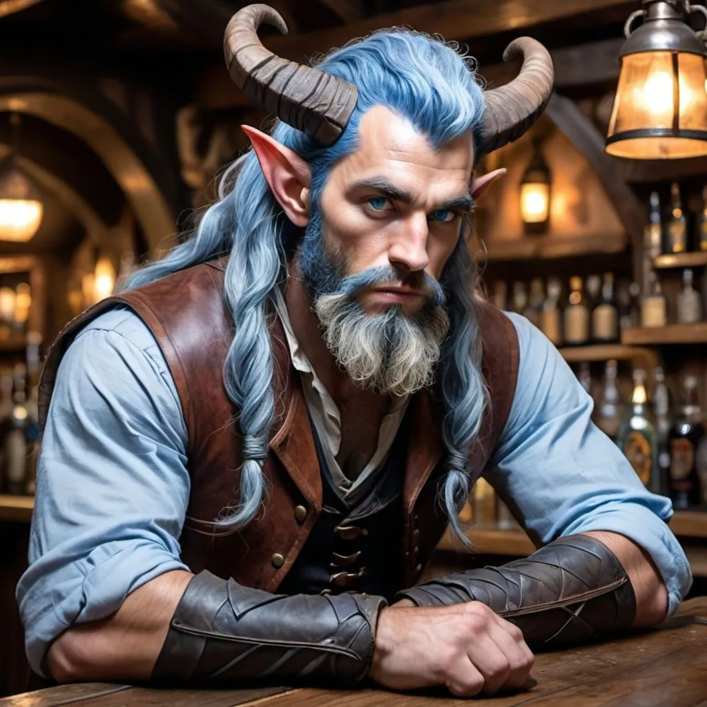 Prompt: a strong rugged 6 foot and 5 inches tall, 250 pound male tiefling druid with blue eyes, light blue skin, long wavy indigo hair and a full beard is scowling as he sits at the bar in a medieval pub with an ale in his hand. He is wearing only a leather vest with his bulging biceps exposed.