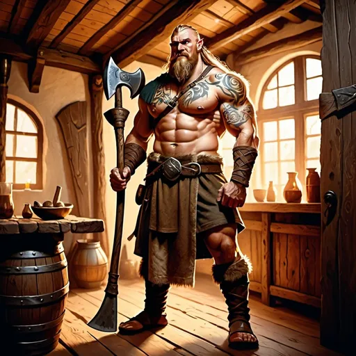 Prompt: full body muscular 30 year old tattooed rugged viking male human druid winking character holding an axe in a medieval inn , fantasy character art, illustration, dnd, warm tone