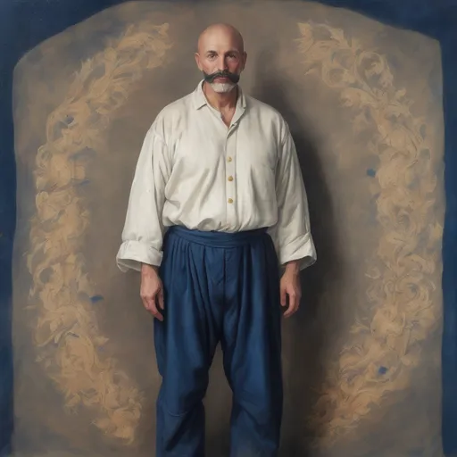 Prompt: full body, middle aged human male, medieval massage healer, dark blue mustache and goatee, shaved head,dark blue tight pants, flowing white cotton shirt,on prepared canvas,renaissance art, gouache paint detail texture