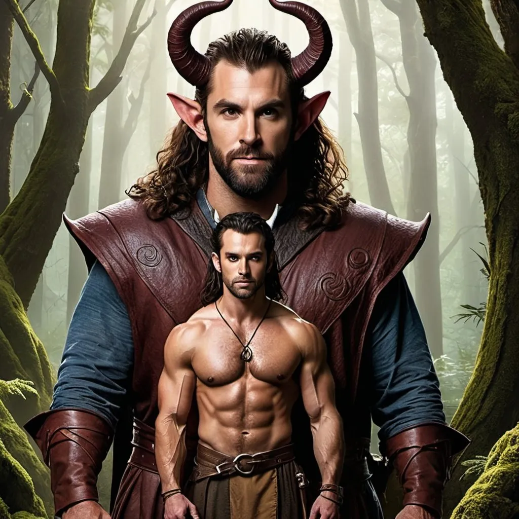 Prompt: Hallmark movie poster featuring a strong rugged 6 foot and 5 inches tall, 250 pound male tiefling druid and his strong, rugged human husband