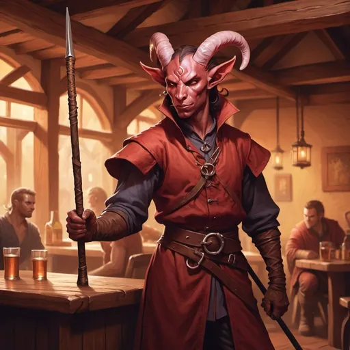 Prompt: tiefling character holding a quarterstaff in a tavern , fantasy character art, illustration, dnd, warm tone