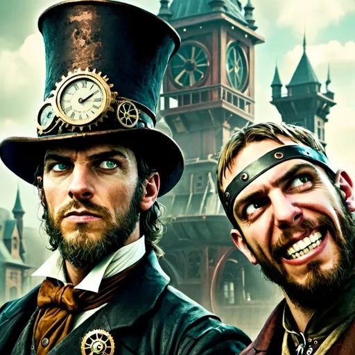 Prompt: fantasy illustration closeup of two strong male human wizards standing in a steampunk 1800's style city