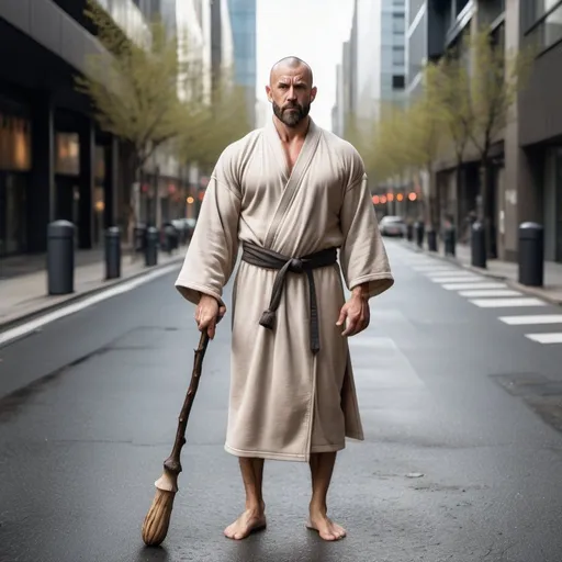 Prompt: full body strong rugged man with bulging muscles wearing zen robes and holding a wooden staff that has mushrooms growing out of it. He stands in the middle of the street in a modern city