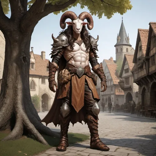 Prompt: Full body view of a strong 6 foot and 5 inches tall, 250 pound male tiefling mushroom druid with goat legs, mottled tan skin, long wavy dark hair wearing leather armor and standing near a tree in the middle of a medieval city