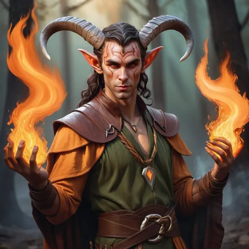 Prompt: hyper-realistic rugged male Tiefling-elf druid character with fire hands, fantasy character art, illustration, dnd, warm tone