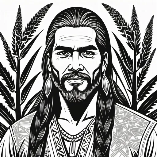 Prompt: woodcut style, handsome indigenous mestiso, long hair, beard, ears of corn and agave plant background, black and white only