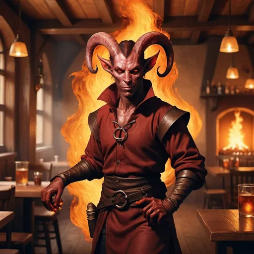 Prompt: full body hyper-realistic Tiefling character with fire hands in a tavern, fantasy character art, illustration, dnd, warm tone