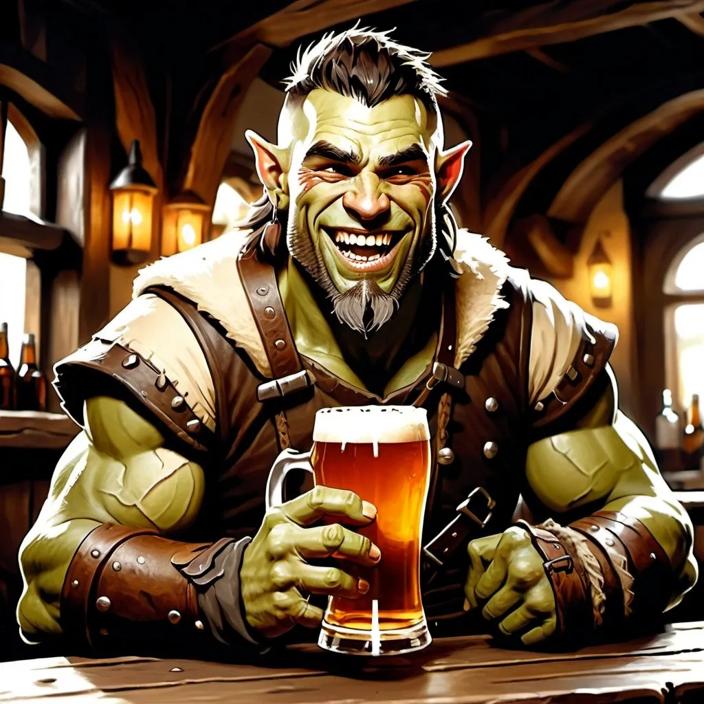 Prompt: rugged handsome male half orc ranger with tusks laughing character holding a pint of ale in a tavern , fantasy character art, illustration, dnd, warm tone