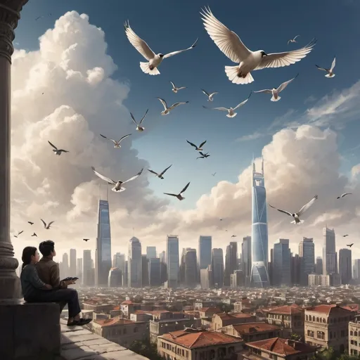 Prompt: The city’s skyline was a fantastic scenery for people beneath it. The city’s people relished in the breathtaking sight of birds and clouds which filled their vision.
