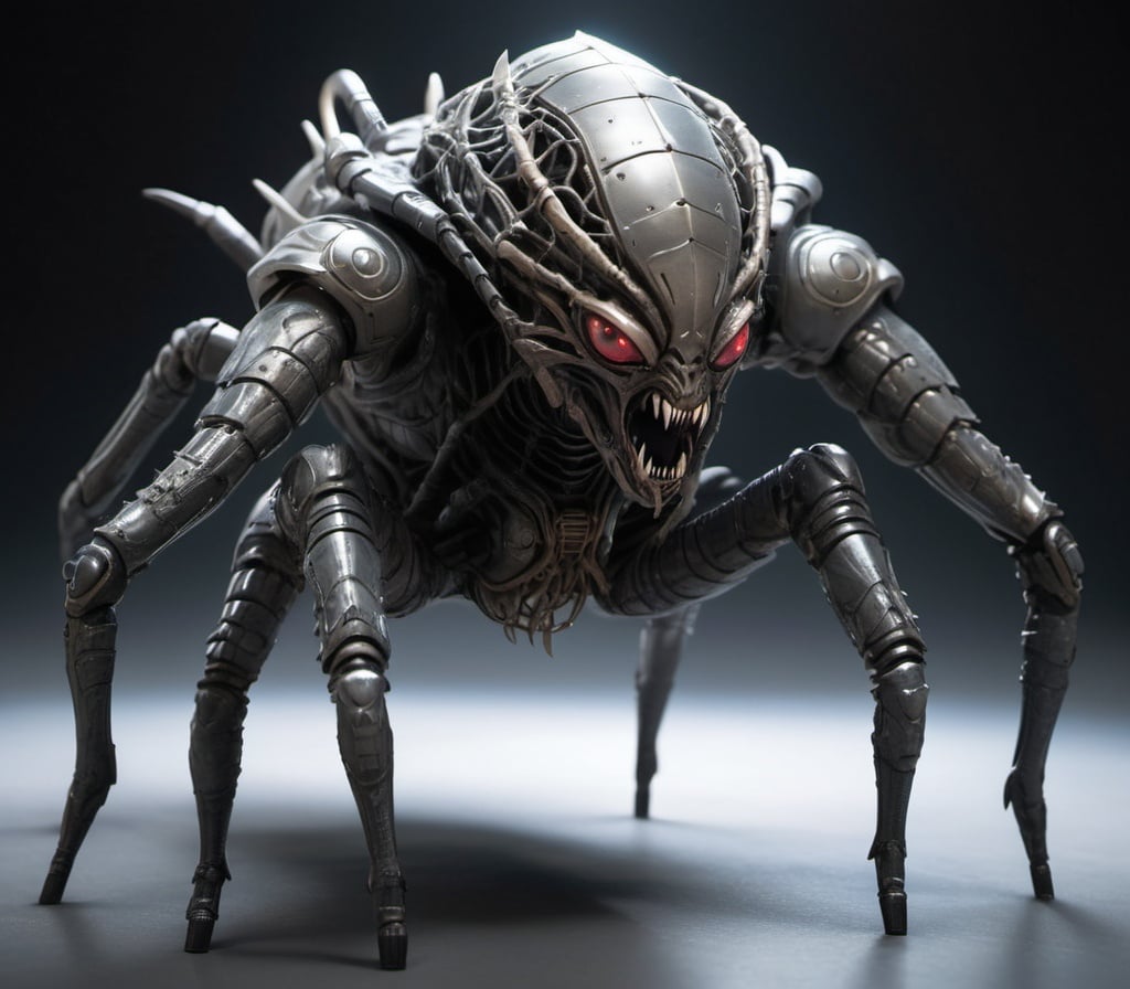 Prompt: An alien creature that looks like a spider mated with a wolf with the features of both wearing an armored battle spacesuit

