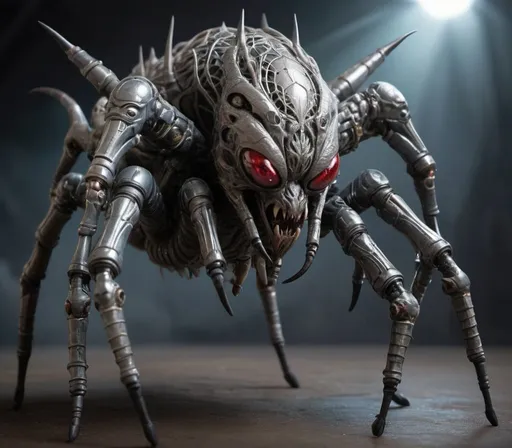 Prompt: An alien creature that looks like a spider mated with a wolf with the features of both wearing an armored battle spacesuit

