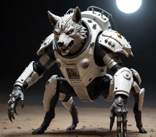 Prompt: The creature as if a wolf and a spider mated and wearing an armored spacesuit

